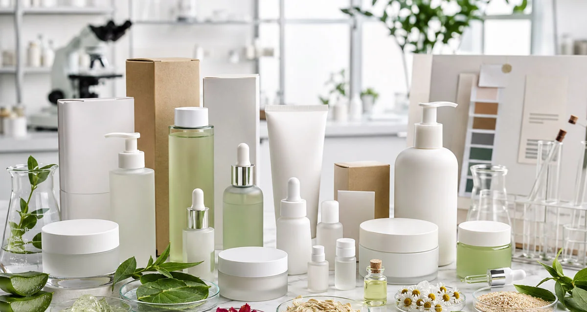 A collection of natural skincare products, jars, bottles, and ingredients like herbs on a table in a science lab with glassware.